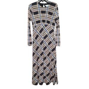 Topshop Plaid Checkered Midi Long Sleeve Dress Size 8 NWT 51" Slit Keyhole